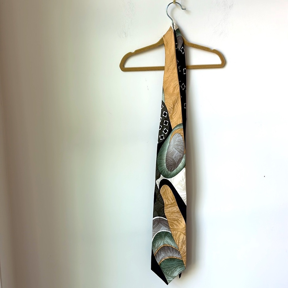 Pierre Balmain Geometric 100% Silk Tie in Gold Green Black Cream Event Dressy